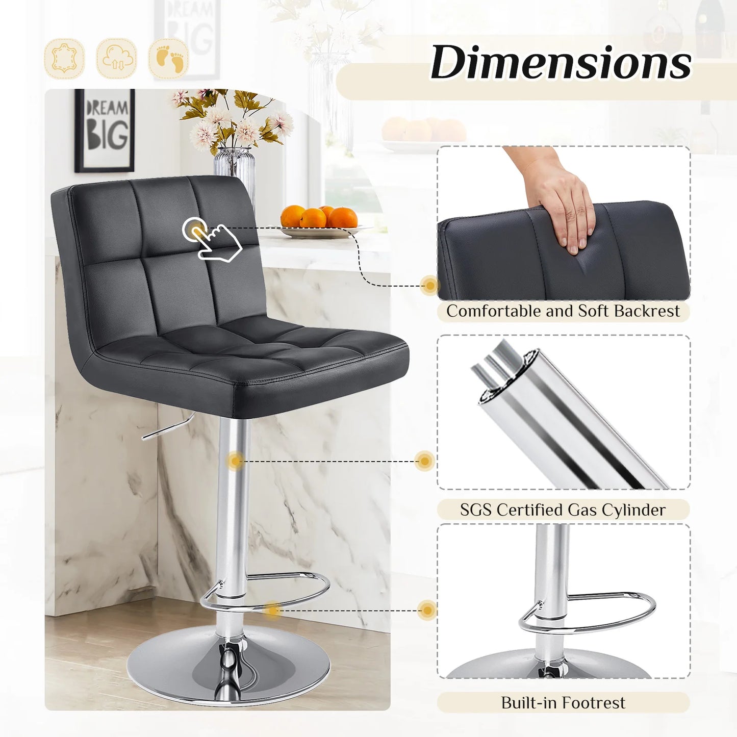 JHK PU Leather Bar Stools With Metal Frame Upholstered Backrest