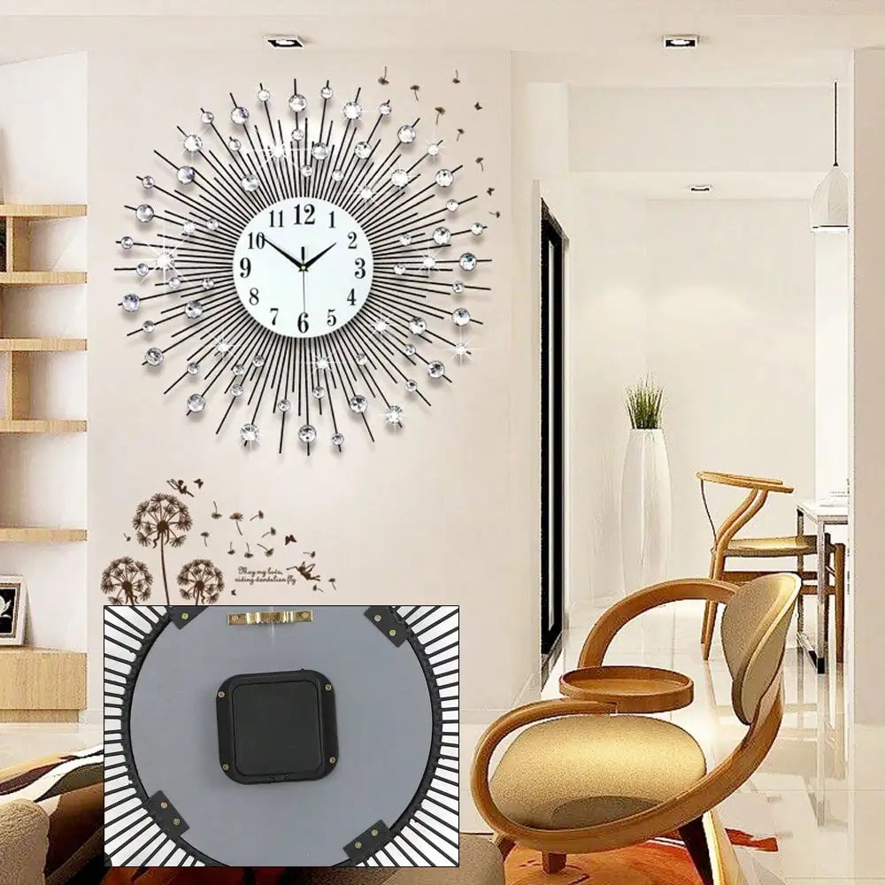 Sun Design Crushed Diamond Crystal Wall Clock Modern Home Decor