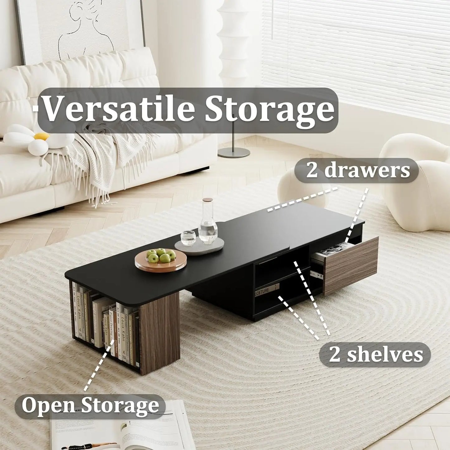 XMSJ Extendable Coffee Table With Drawer Mid Century Modern