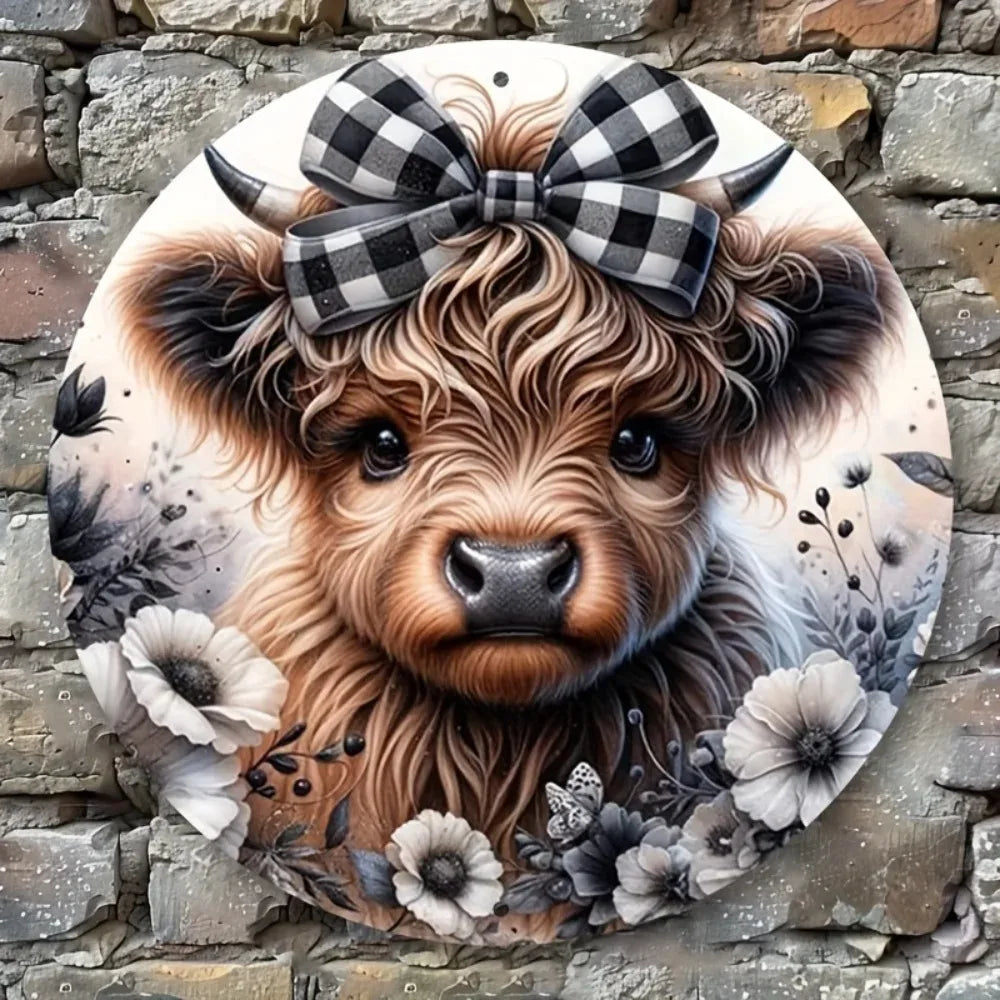 HELLOYOUNG Highland Cow Bow Wreath Aluminum Sign Christmas