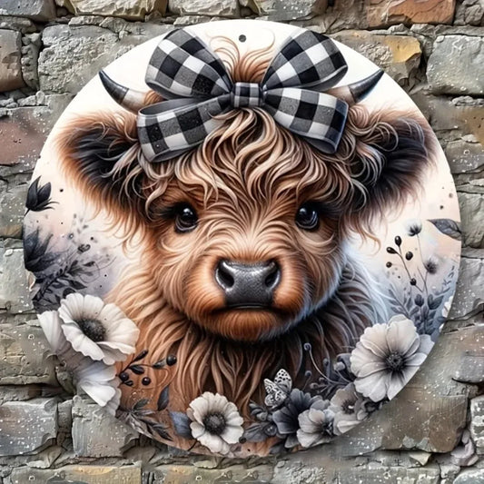 HELLOYOUNG Highland Cow Bow Wreath Aluminum Sign Christmas