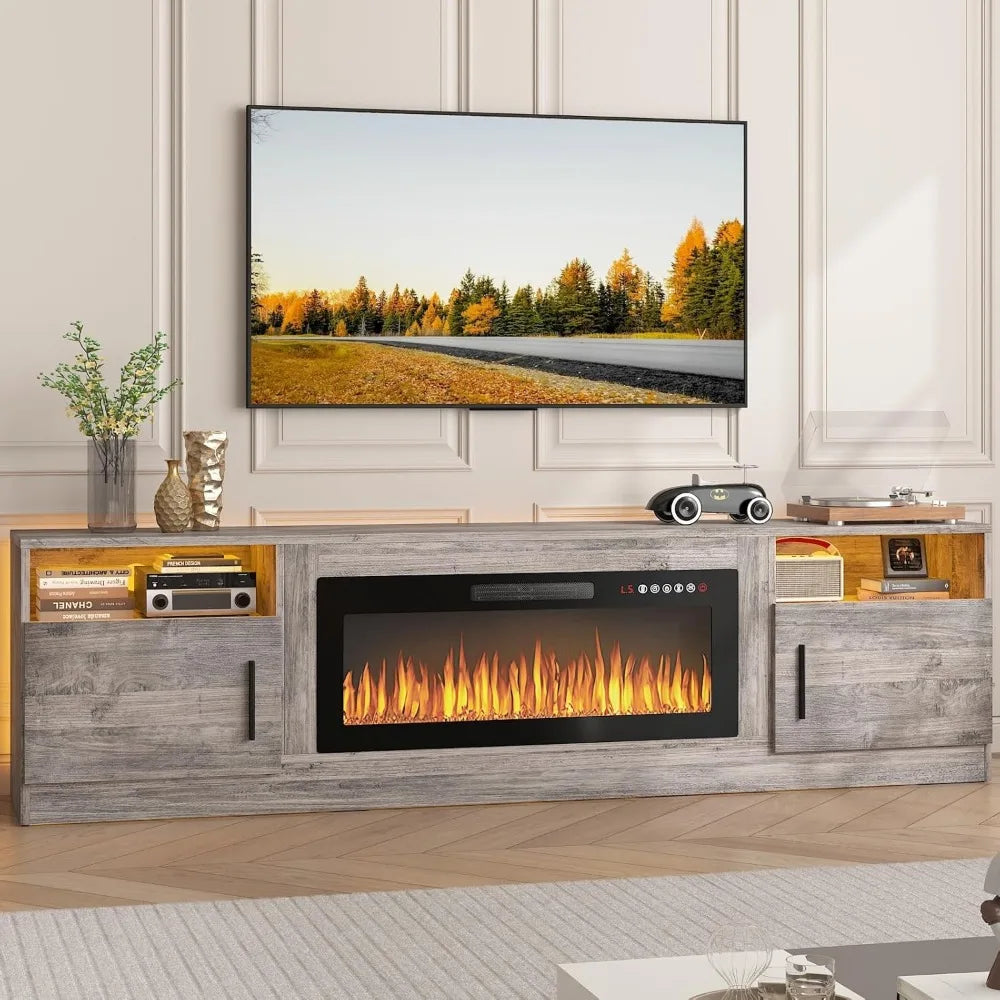 PUKAMI Fireplace TV Stand With Electric Fireplace And LED Lights