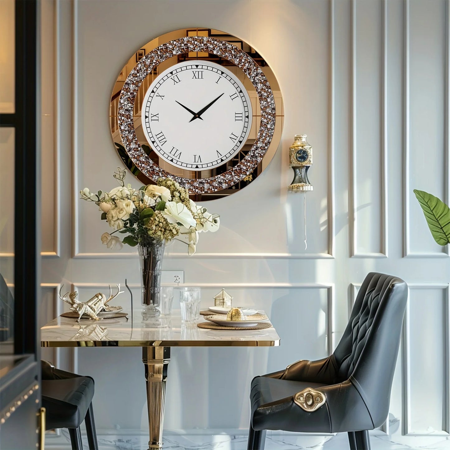 Wisfor Decorative Round Mirror Wall Clock With Crystal Sparkle Bling
