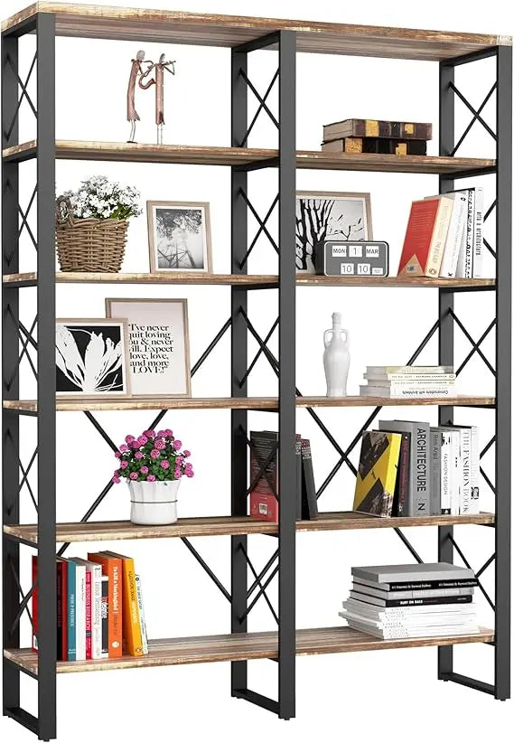 ZHUXIANG Industrial Open Bookcase Six Shelves Wall Mount