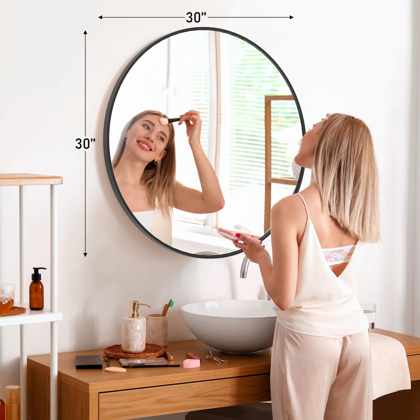 JHK Round Vanity Framed Mirror Tempered Glass Matte Metal Frame