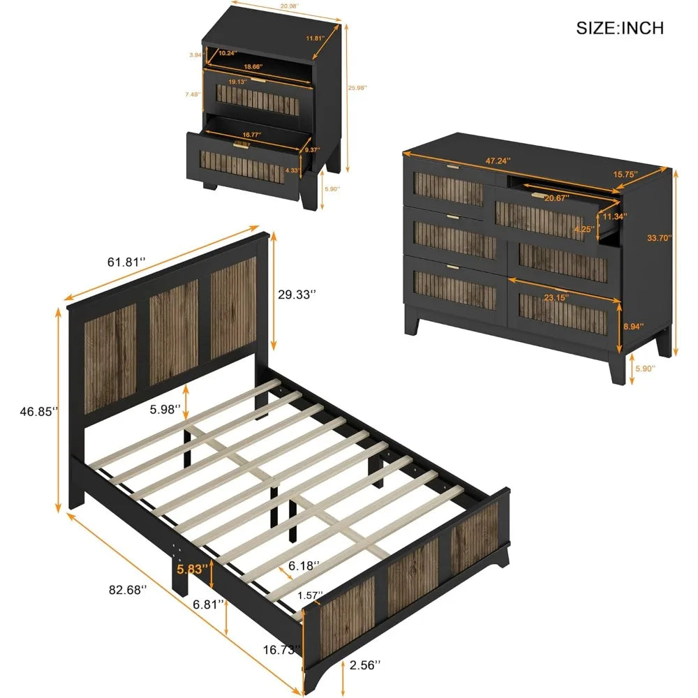 MKDK 4 Piece Bedroom Set Platform Bed Dresser Nightstands