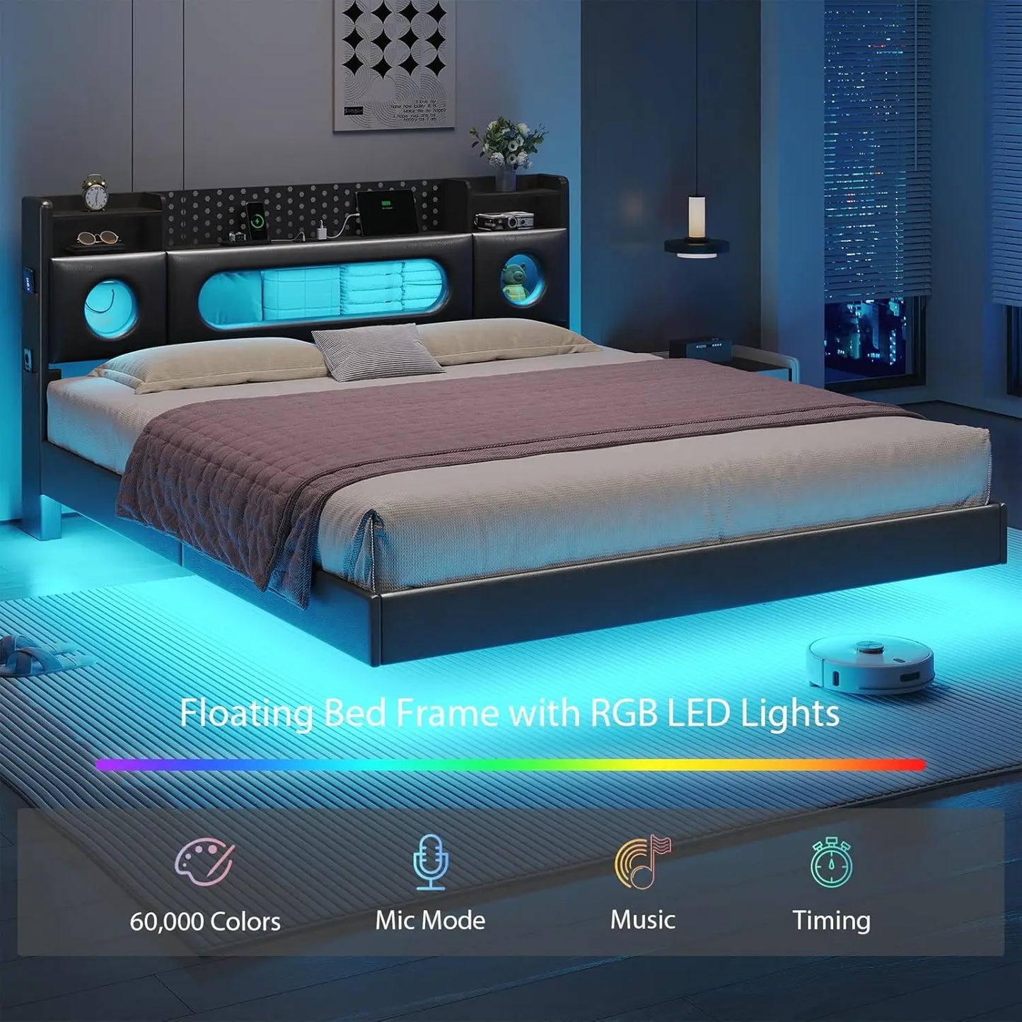 Floating Bed Frame With LED Lights And Storage Headboard