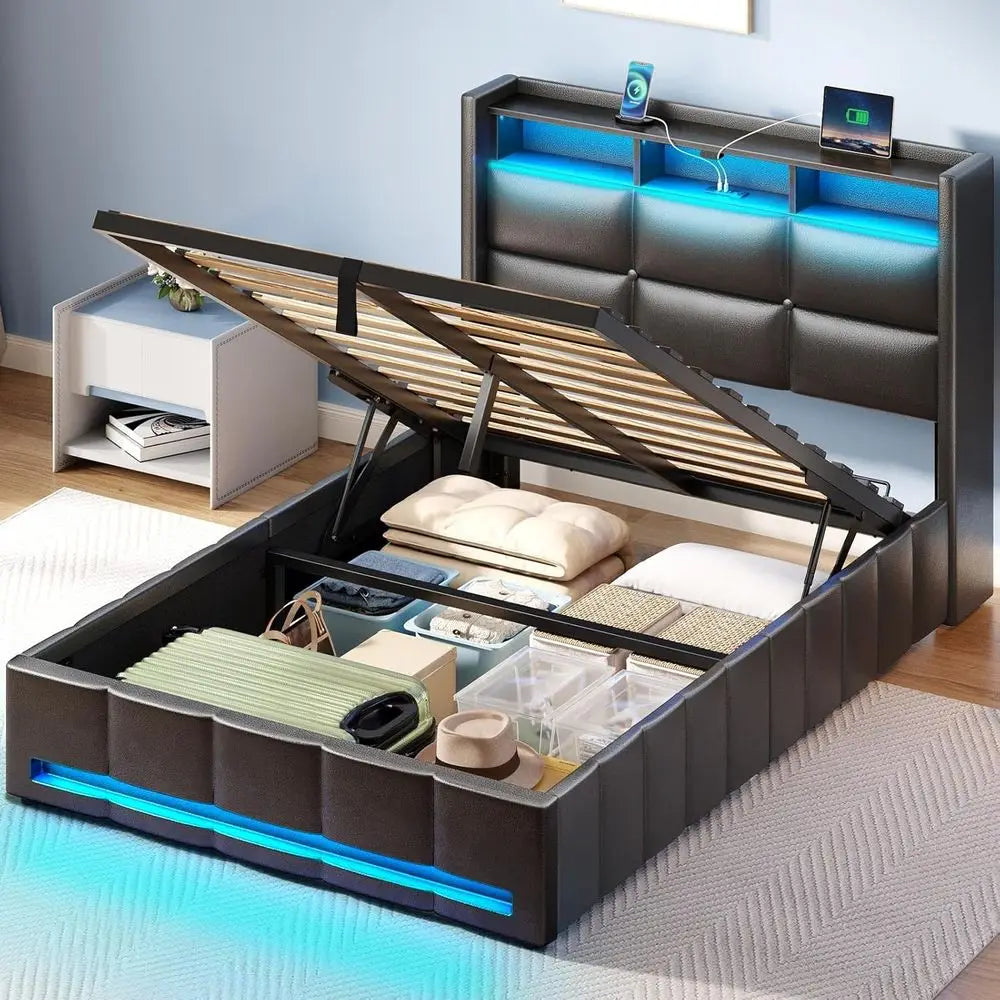 Twin Bed With Illuminated Storage And USB Charging Headboard