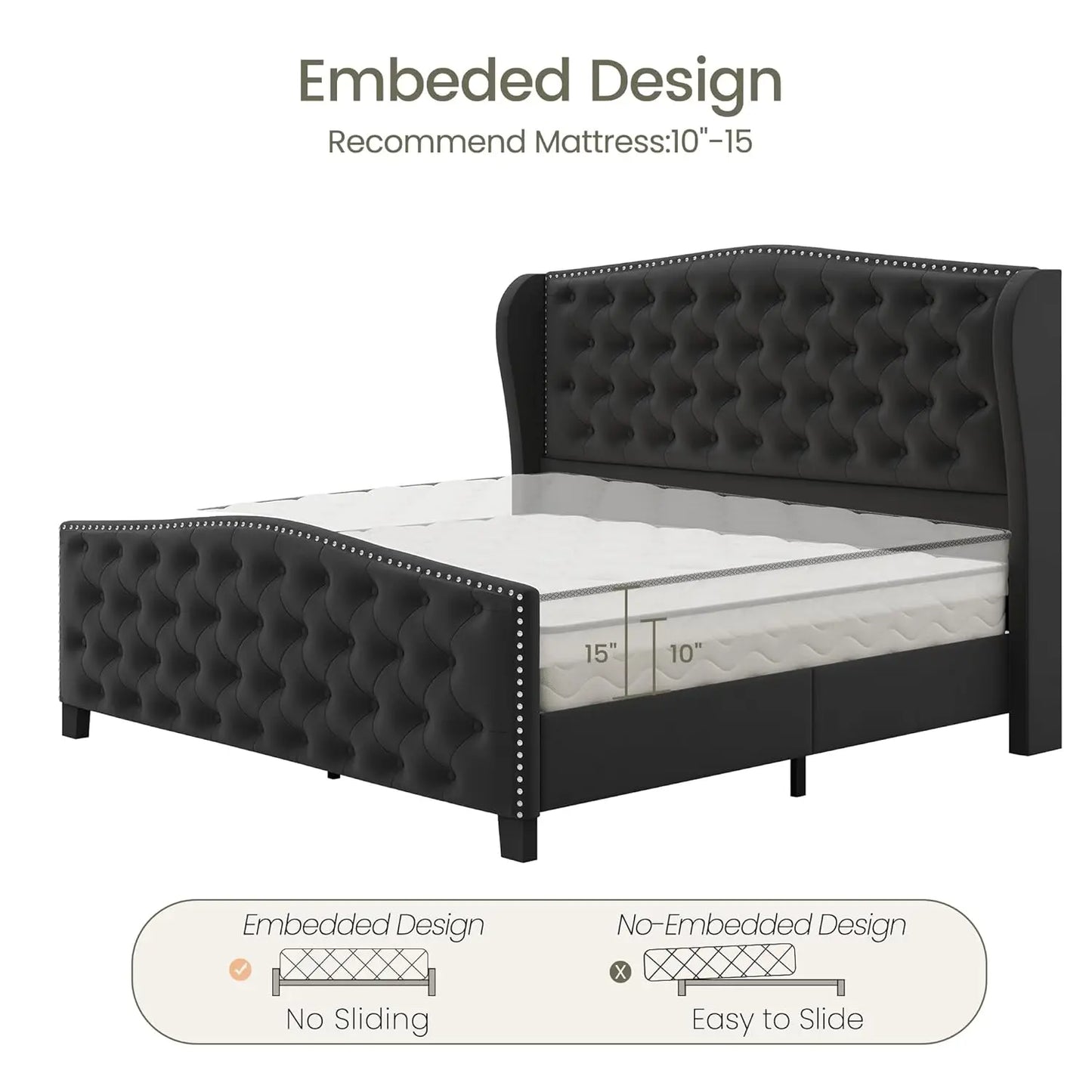 Velvet Platform Bed With Wingback Headboard Tufted Wood Slats