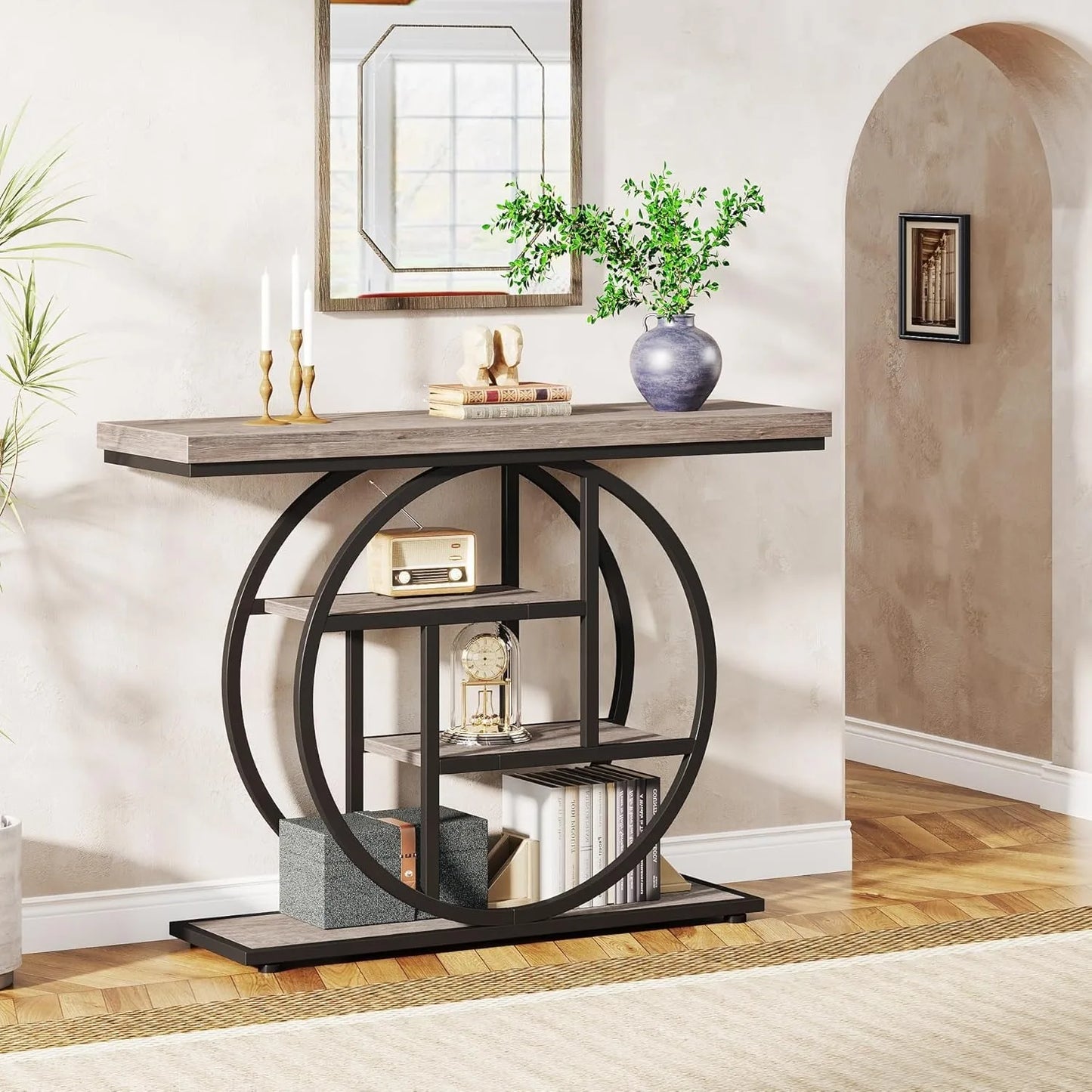 LITTLE TREE Industrial 4-Tier Console Table With Storage Shelves