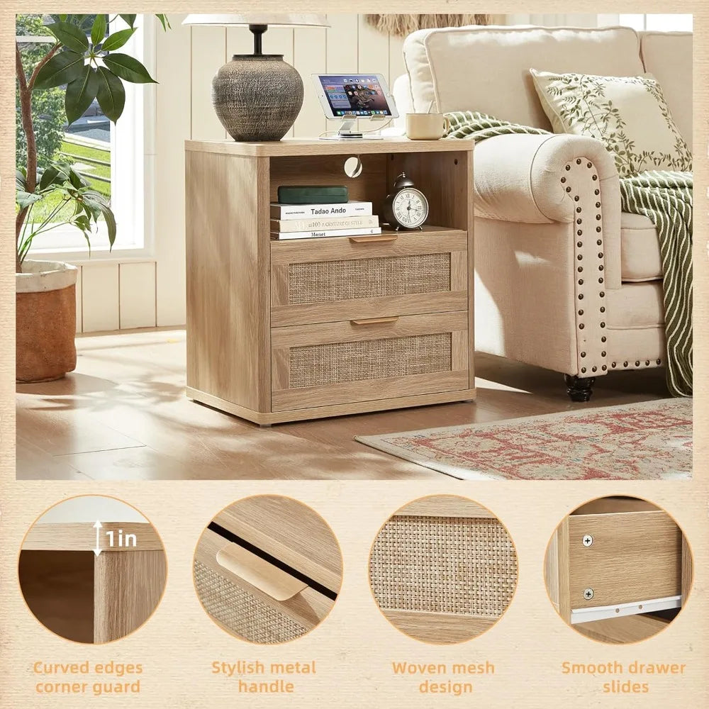 MKDK Rattan Nightstands Set Of 2 With Charger Station