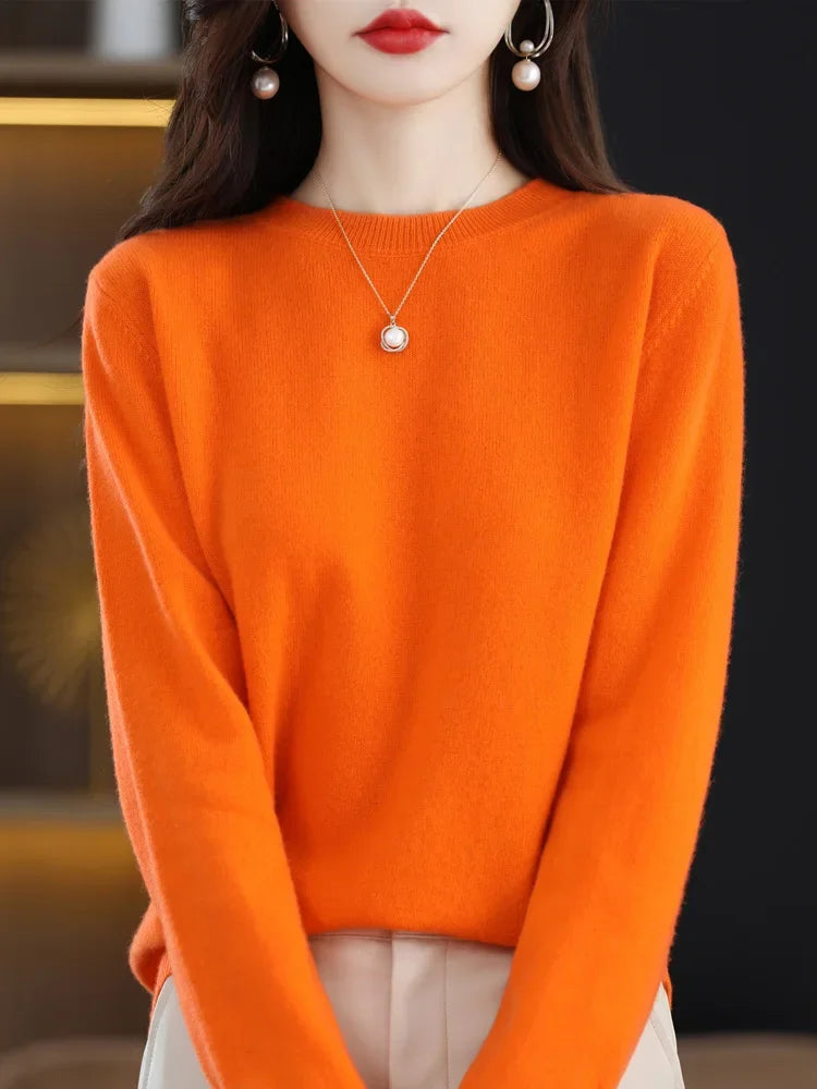 Addonee Merino Wool Women O Neck Sweater Long Sleeve