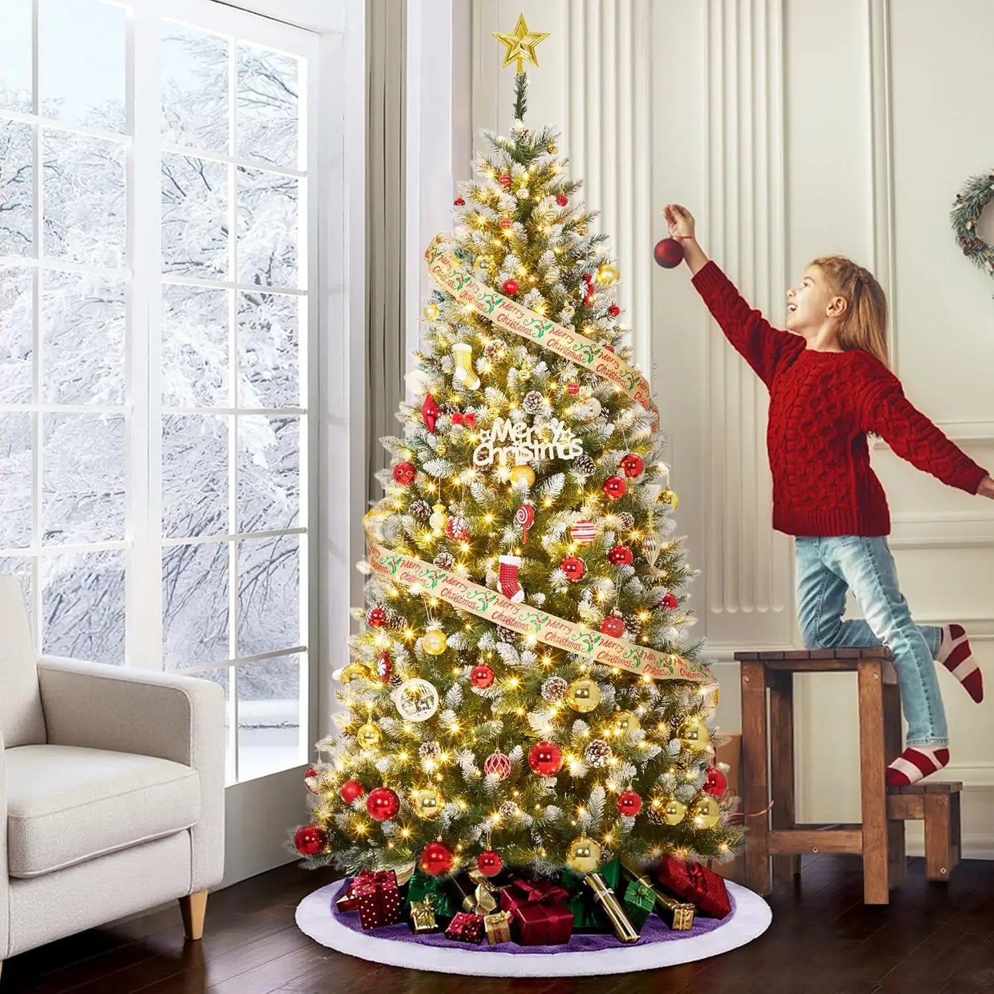 NoHign Prelit Artificial Christmas Tree With LED Lights Partially Flocked