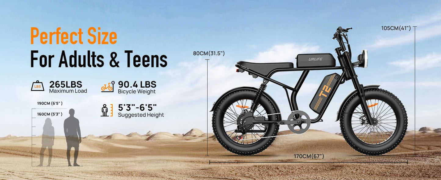 URLIFE T2 1500W EBike 48V 15.6Ah Battery 28 MPH Range Fat Tire