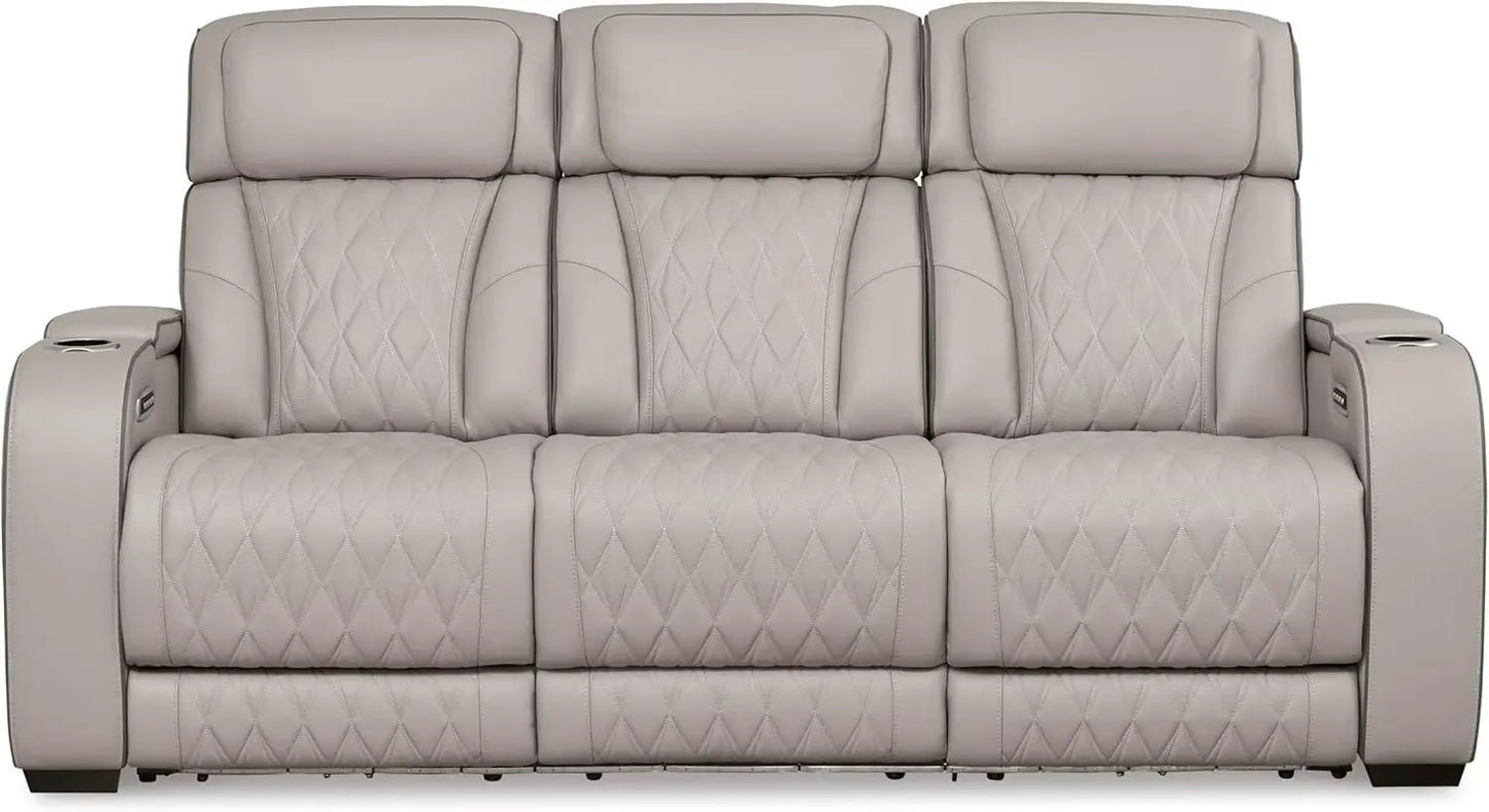 Contemporary Leather Match Power Reclining Sofa With USB Ports LED