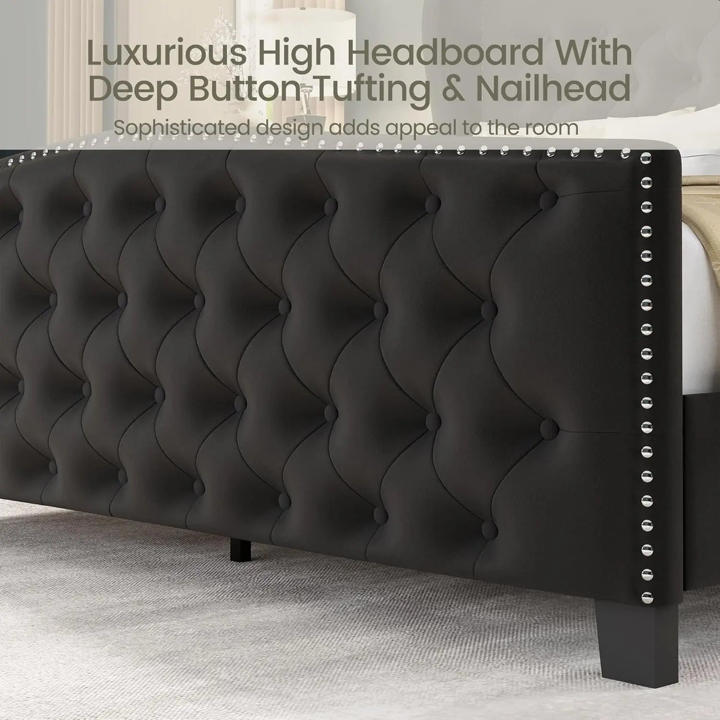 Velvet Platform Bed With Wingback Headboard Tufted Wood Slats