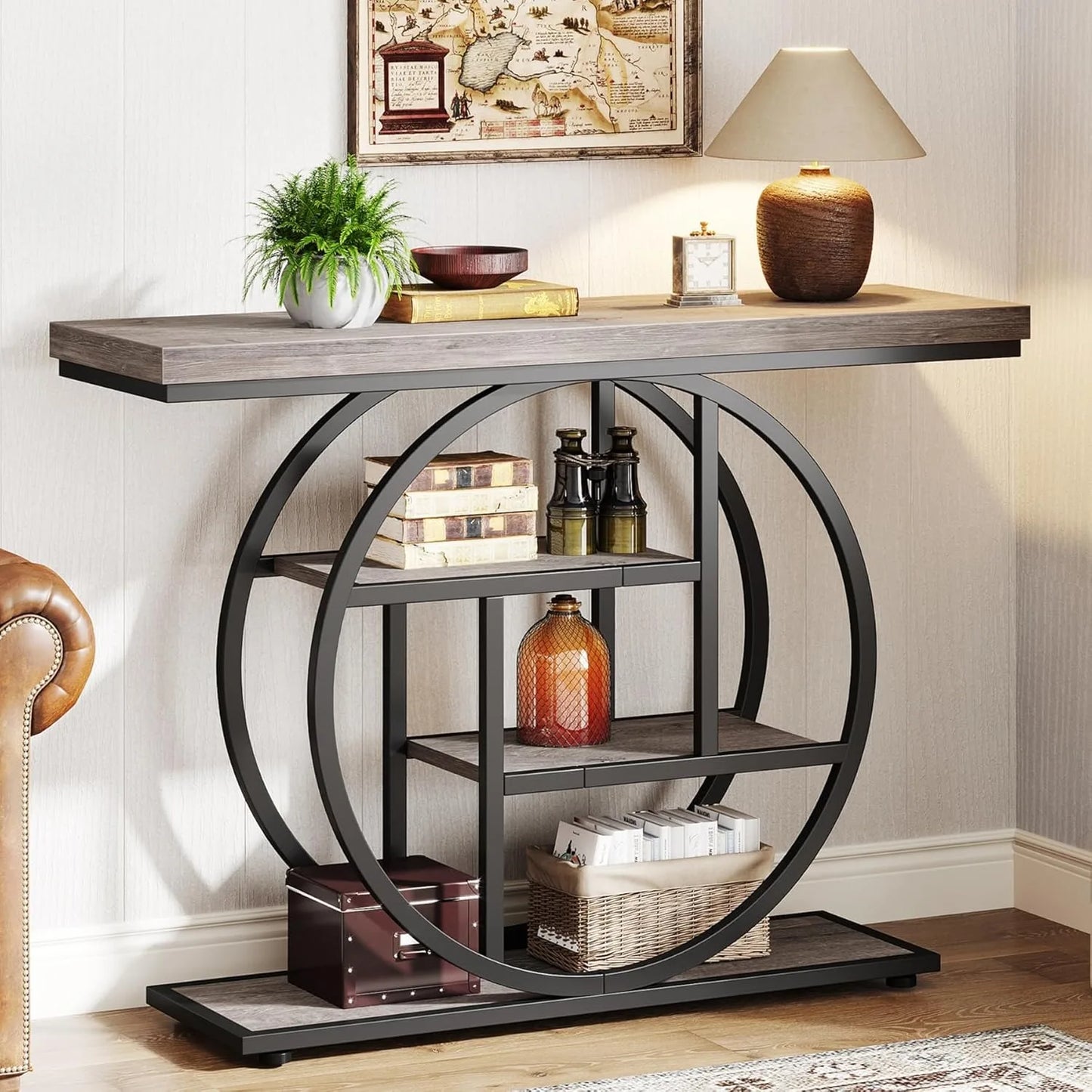 LITTLE TREE Industrial 4-Tier Console Table With Storage Shelves