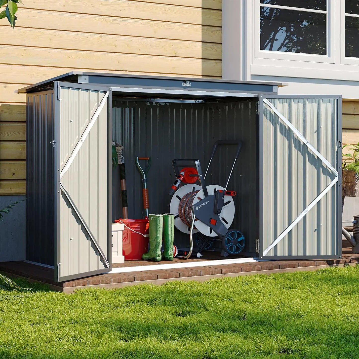 Metal Outdoor Storage Shed With Chain Lid Waterproof Garbage Can Organizer