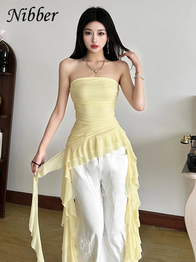 Nibber Tassel Vest Women Ruched Chest Wrap Cotton Blend