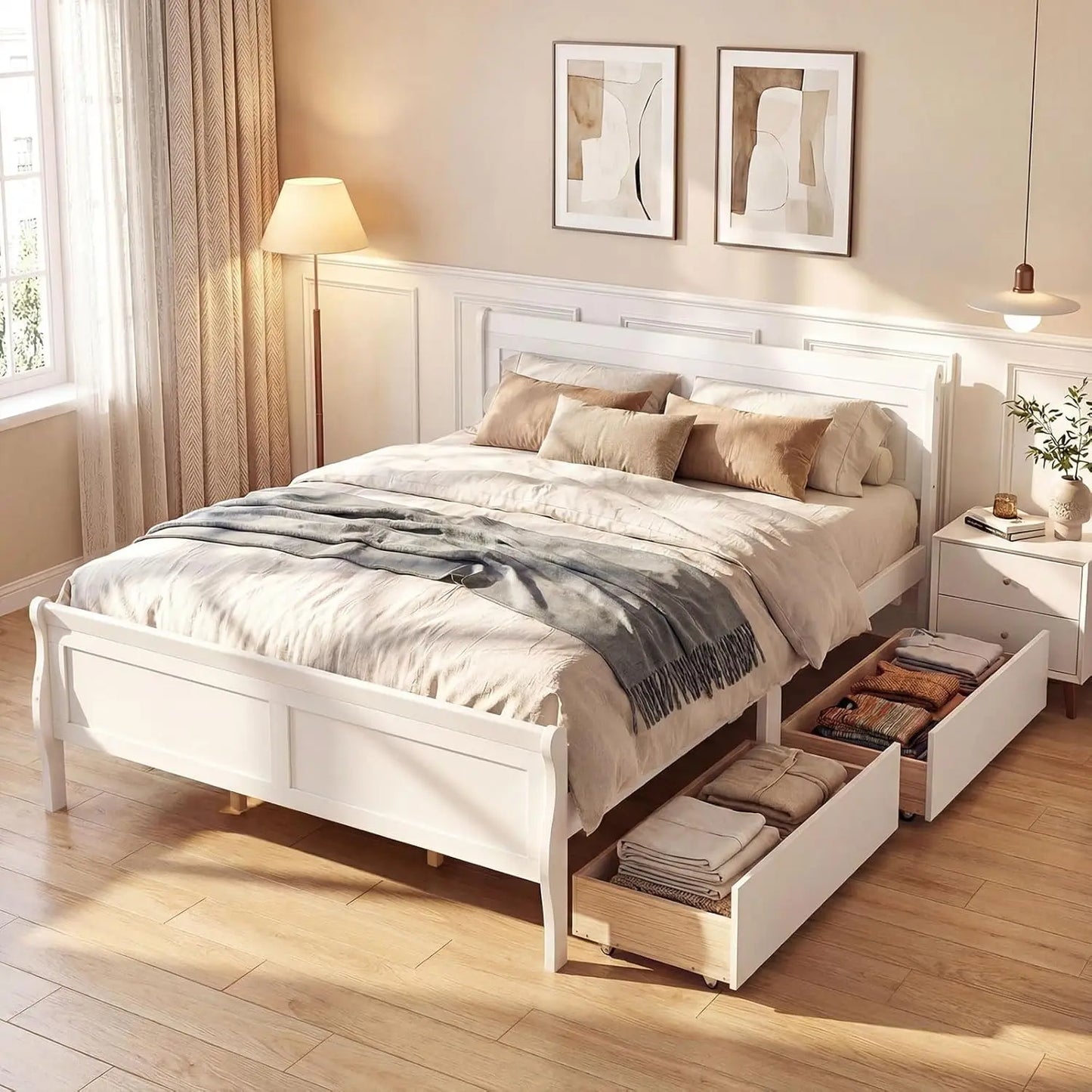 Queen Storage Bed Frame With Wood Headboard Footboard Drawers Slats