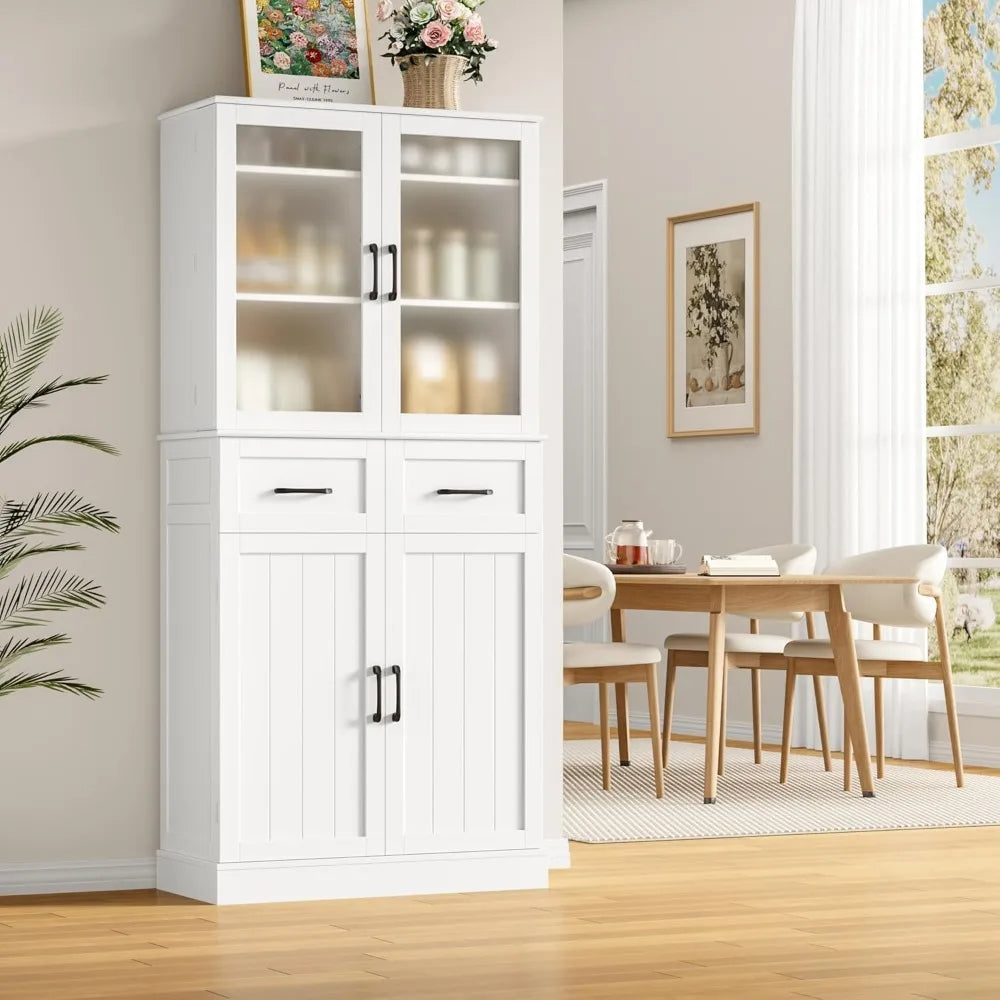 Kitchen Pantry Storage Cabinet With Frosted Glass Doors And Drawers