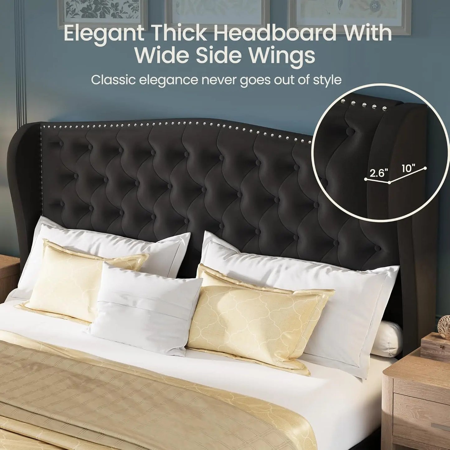 Velvet Platform Bed With Wingback Headboard Tufted Wood Slats