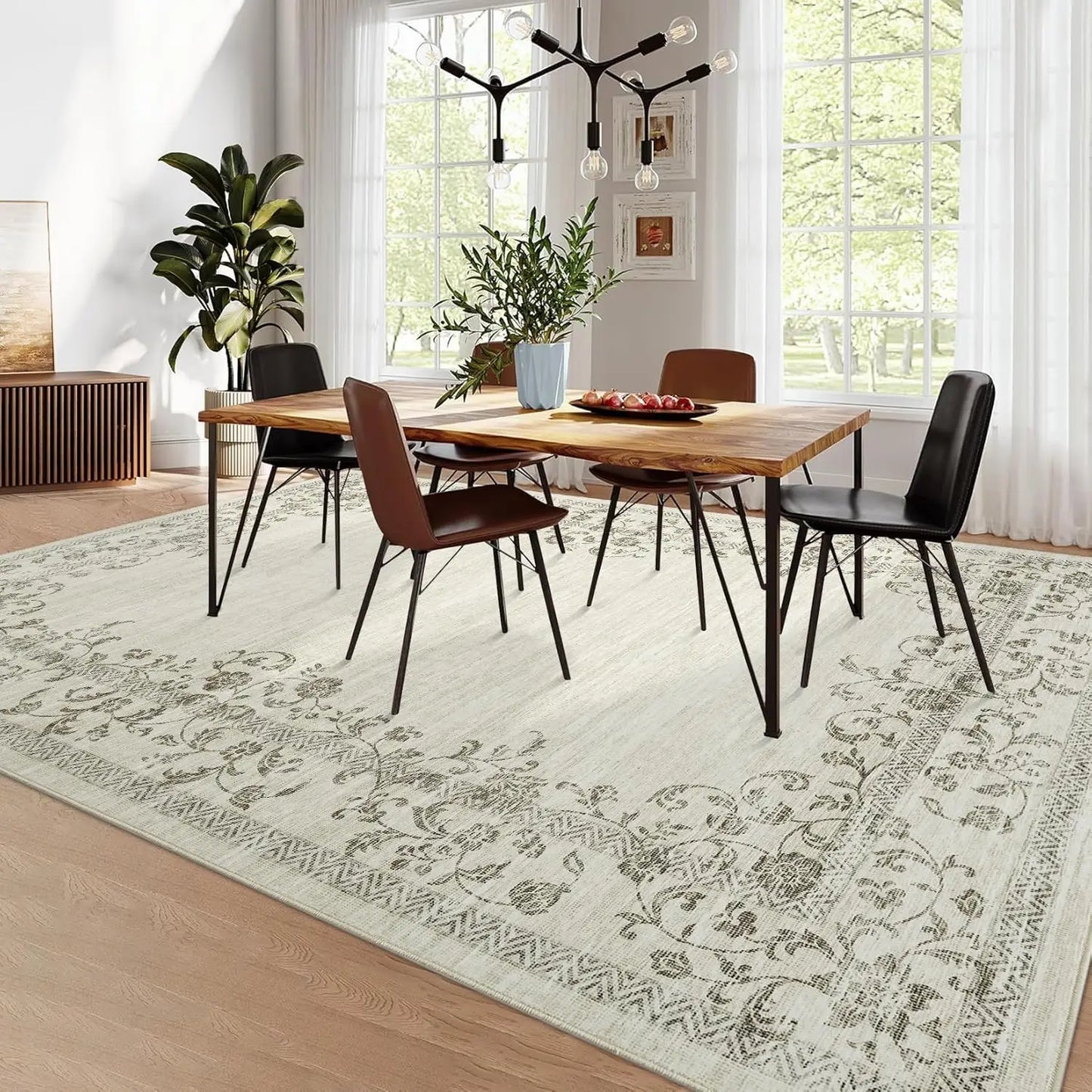 HiMIS Washable Area Rug Floral Border for Living Room