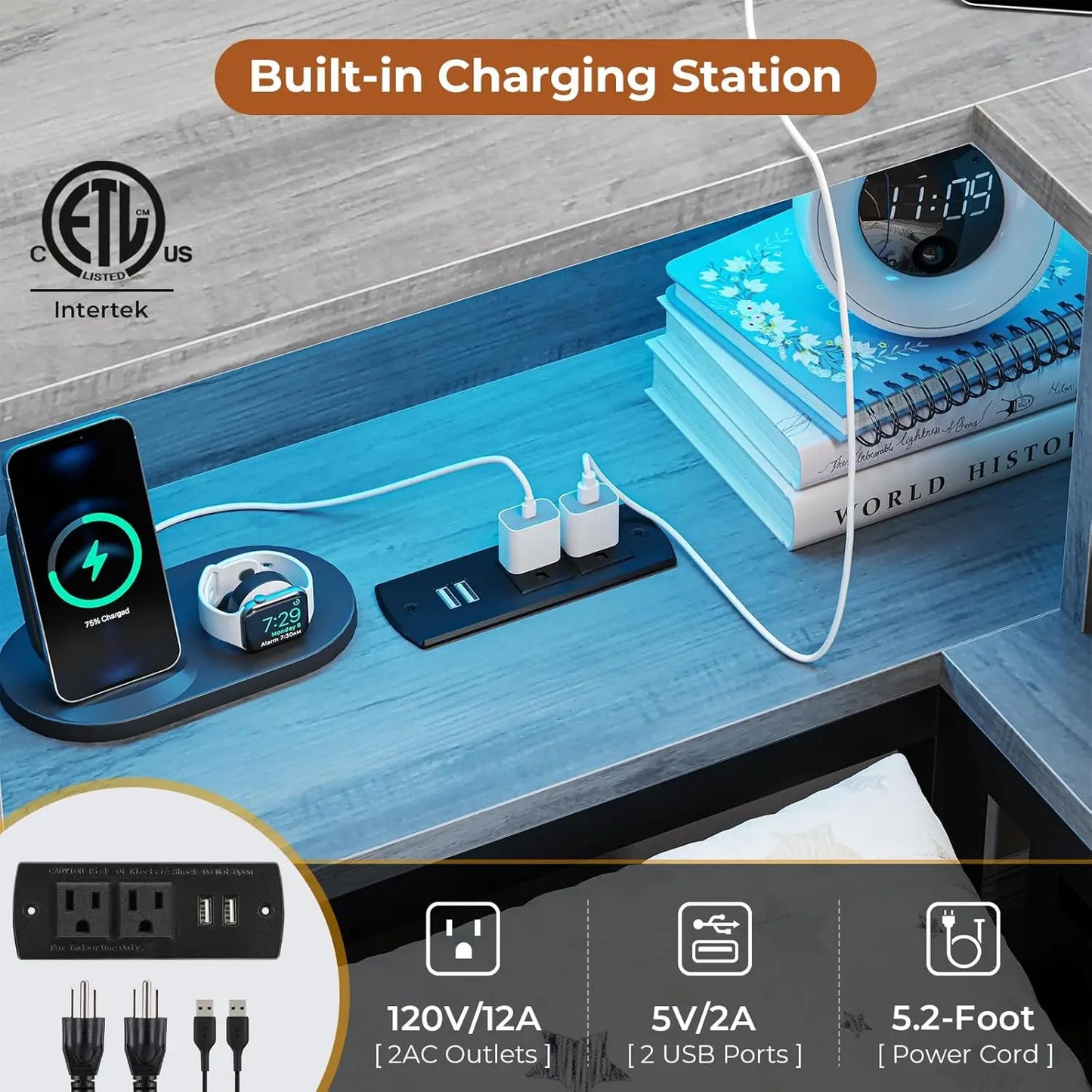 Corner Bed Frame With LED Bookcase Storage And Charging Station