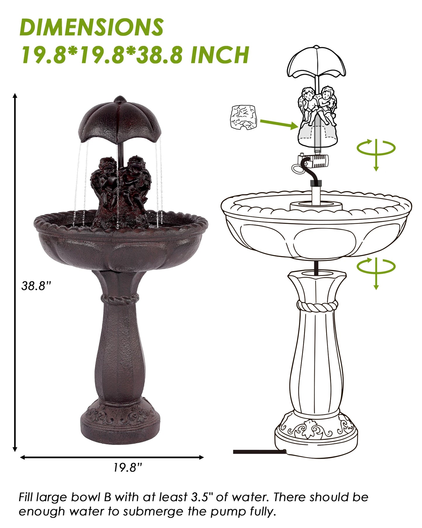 Solar Outdoor Water Fountain With Whisper Quiet Pump Cascading Waterfall