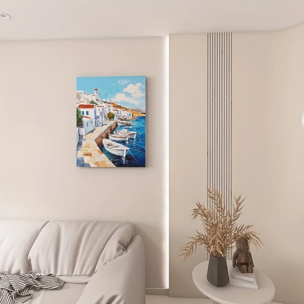 Hign-concerned Seaside Boat Abstract Painting in Pine Frame