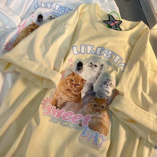 Korean Women Cat Graphic T Shirt Loose Short Sleeve Top
