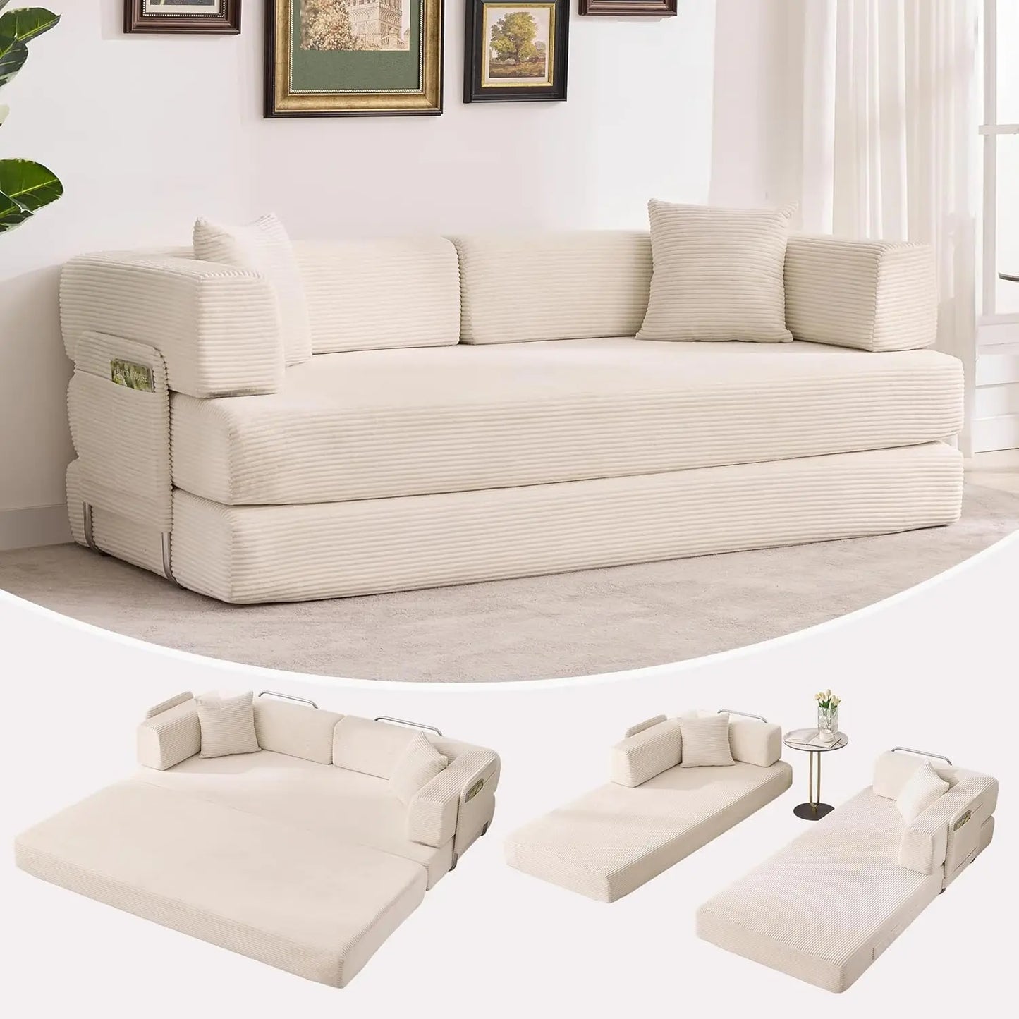 Corduroy Convertible Sleeper Sofa 5 In 1 Fixed Frame