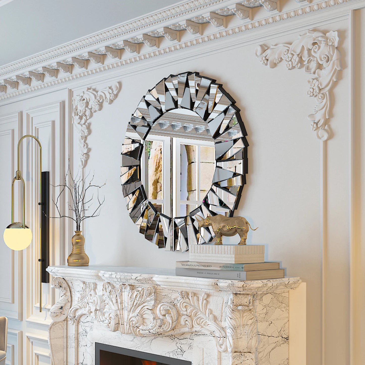 Wisfor Sunburst Round Mirror Wall Decor Modern Silver Glass