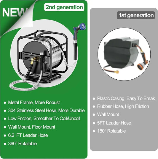 XMSJ Heavy Duty Metal Garden Hose Reel With Stainless Nozzle