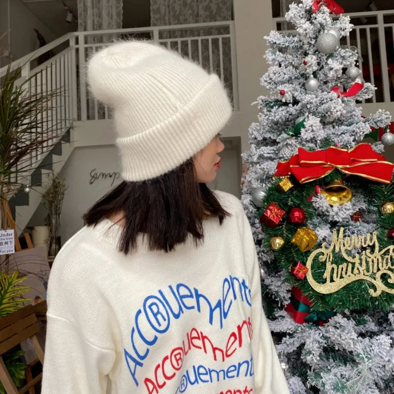 Warm Cashmere Wool Beanie With Rabbit Fur For Women Outdoor