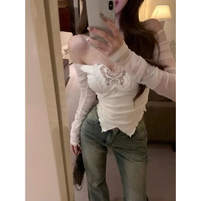 Dawndesslo Korean Style Off Shoulder Butterfly Mesh Top
