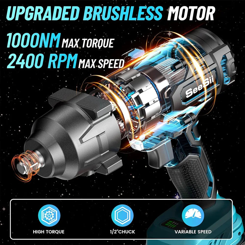 Seesii 1000Nm Brushless Cordless Impact Wrench Half Inch