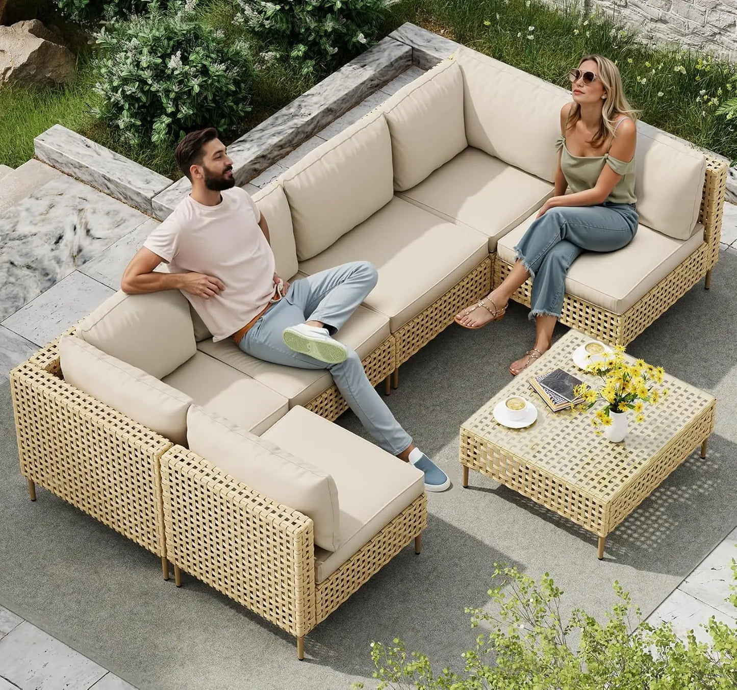 Wicker Outdoor Sectional Sofa Set Coffee Table All Weather Cushions