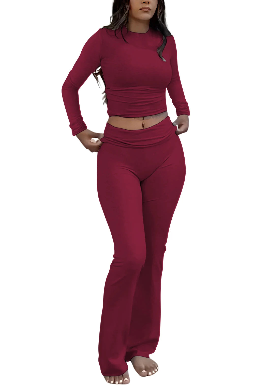 Women's Yoga Two Piece Long Sleeve Wide Leg Activewear Set