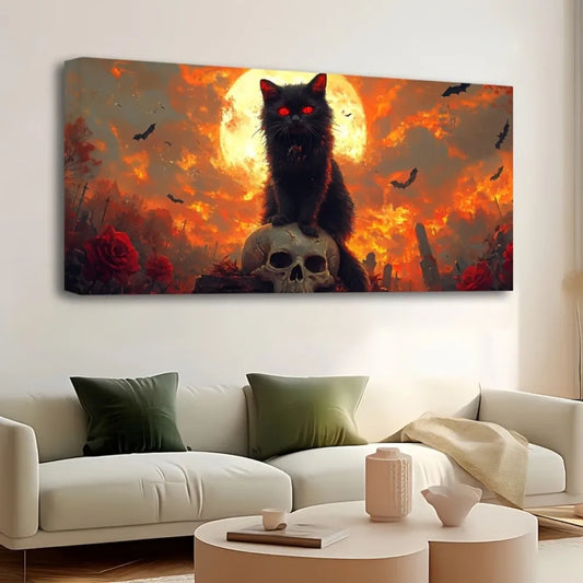 Hign-Concerned Pine Wood Frame Vintage Halloween Cat Canvas