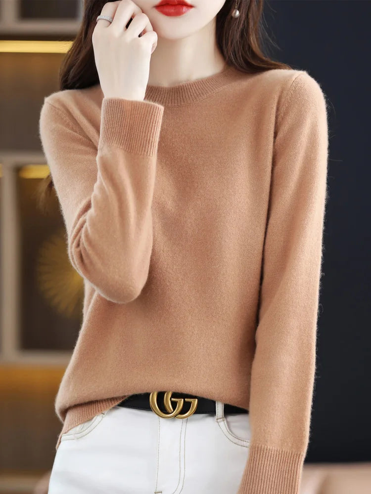 Addonee Merino Wool Women O Neck Sweater Long Sleeve