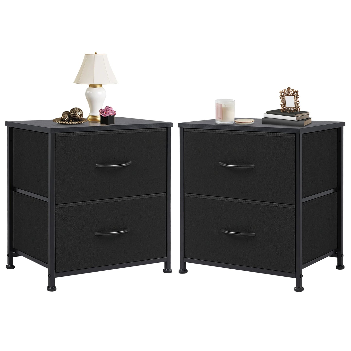 JHK Nightstand Bedside Table With Fabric Drawers Storage Cabinet
