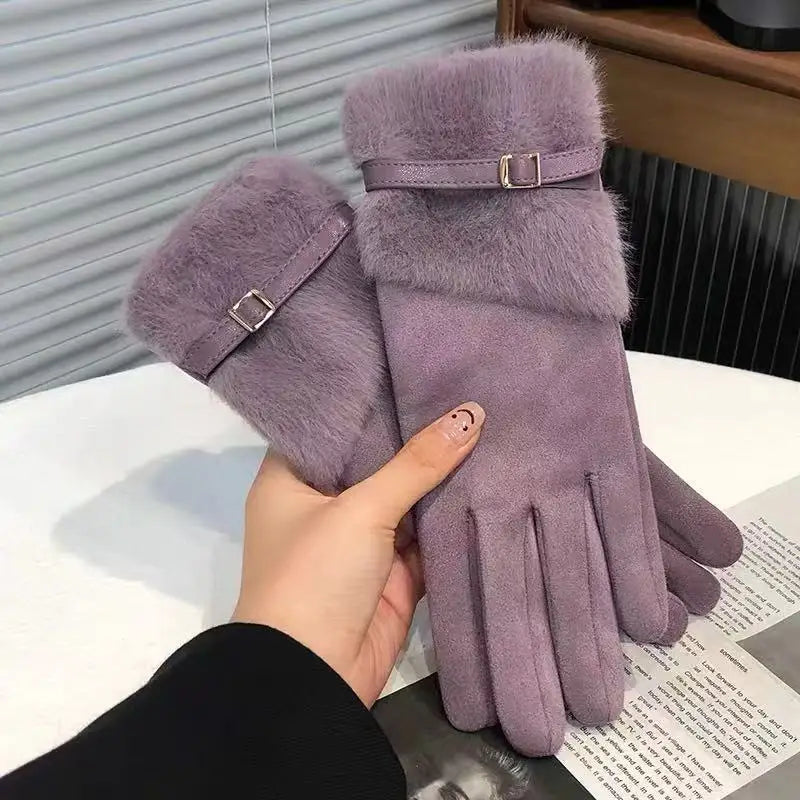 NONECN Winter Plush Warm Touch Screen Gloves For Women Windproof