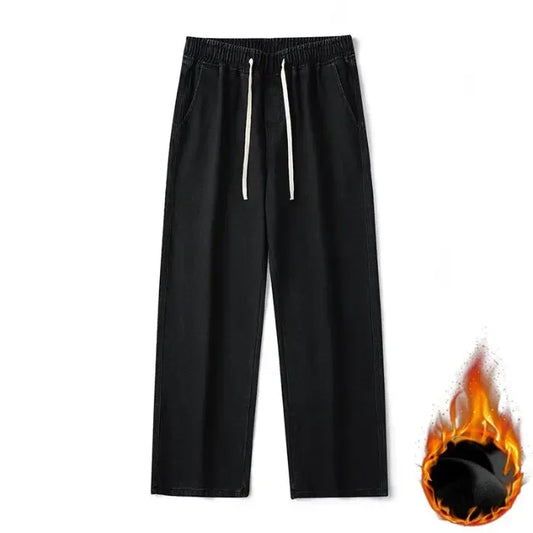 Mens Winter Fleece Jeans Loose Velvet Warm Wide Leg Denim