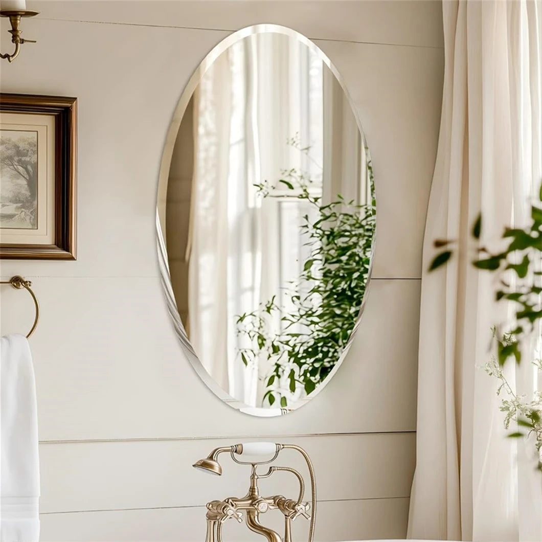 BORWART Frameless Oval Wall Mirror Beveled Silver Edge