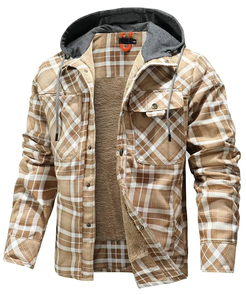 Fujian Mens Winter Hooded Coat Sherpa Lined Plaid Flannel Jacket