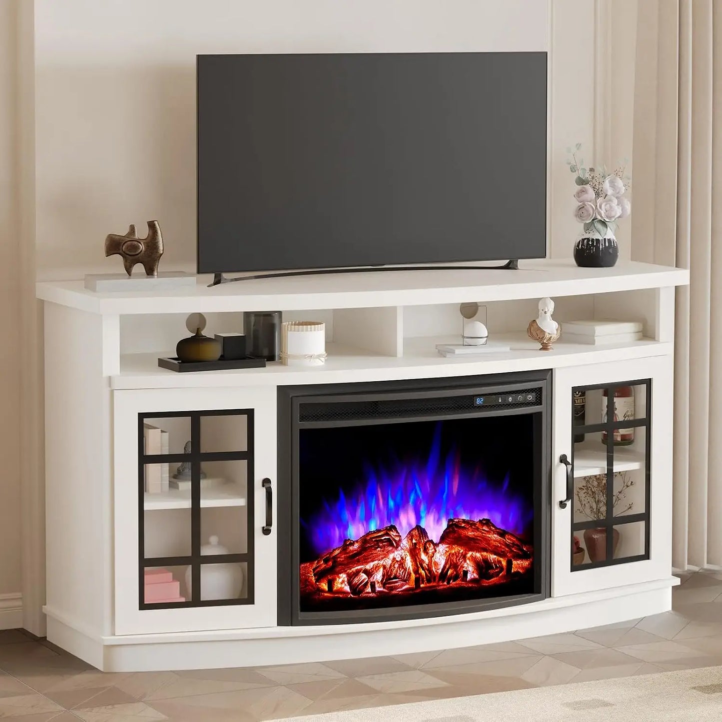 Curved TV Console Cabinet With Electric Fireplace And Media Storage