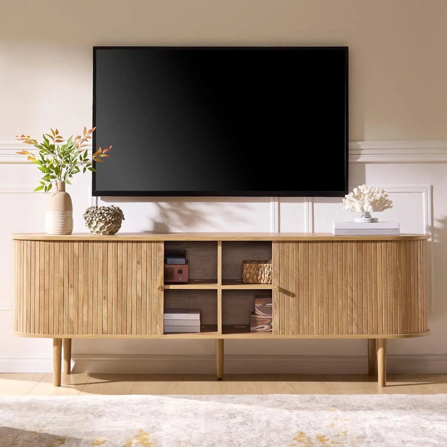Mid Century Modern Fluted Wood TV Stand With Storage