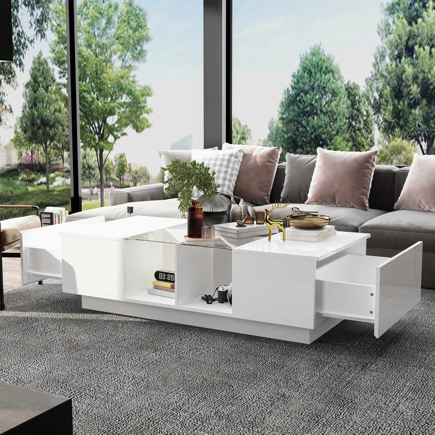 FUFU&GAGA Modern Coffee Table With LED Lighting And 2 Drawers