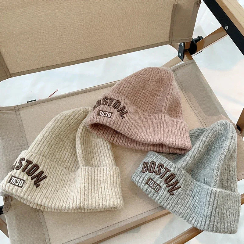 Letter Embroidered Unisex Kids Beanie Cap Winter Knit Acrylic Hat